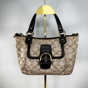 Coach Signature Jacquard Buckle Flap Satchel Shoulder Bag Khaki Brown Leather